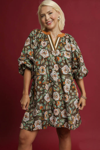 Umgee Vintage Camilla Print Mini Dress in Olive Mix