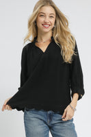 Umgee Solid Color Linen Blend Boho Top in Black