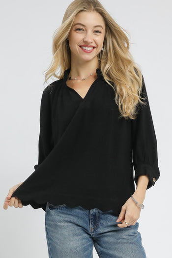 Umgee Solid Color Linen Blend Boho Top in Black