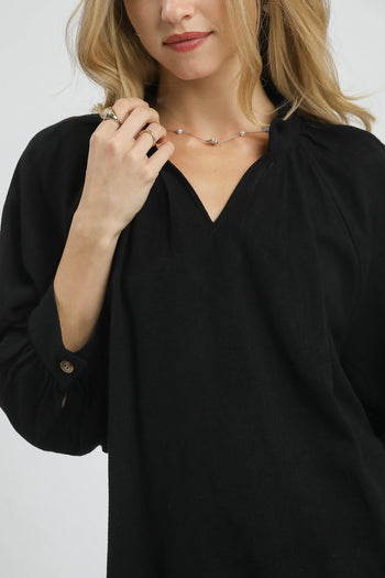Umgee Solid Color Linen Blend Boho Top in Black