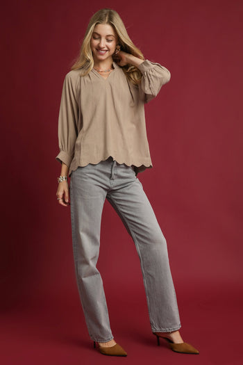 Umgee Solid Color Linen Blend Boho Top in Latte
