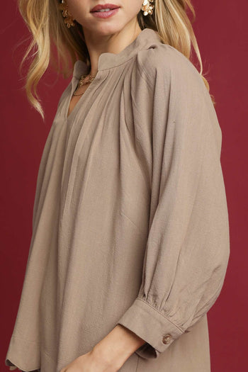 Umgee Solid Color Linen Blend Boho Top in Latte