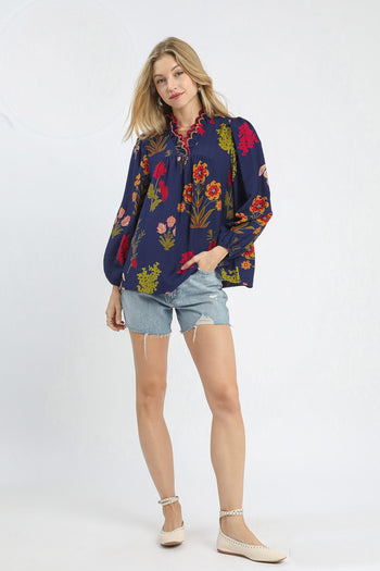 Umgee Flower Print Top with Scalloped Details in Midnight Mix
