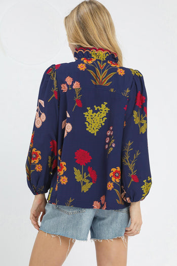 Umgee Flower Print Top with Scalloped Details in Midnight Mix
