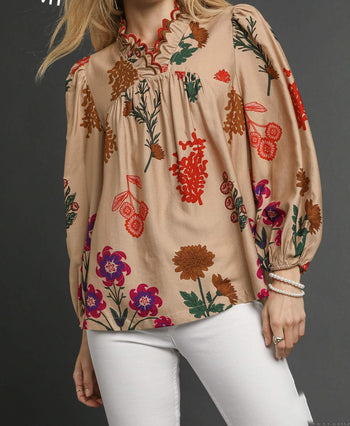 Umgee Flower Print Top with Scalloped Details in Tan Mix