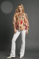Umgee Flower Print Top with Scalloped Details in Tan Mix