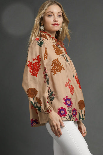 Umgee Flower Print Top with Scalloped Details in Tan Mix