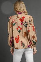 Umgee Flower Print Top with Scalloped Details in Tan Mix