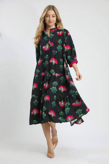 Umgee Floral Print Tiered Midi Dress in Black Mix