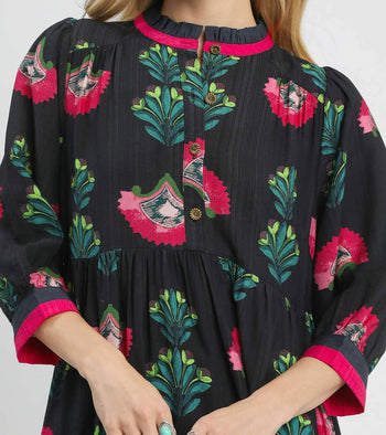 Umgee Floral Print Tiered Midi Dress in Black Mix