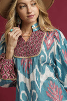 Umgee Ikat Print Boho Top in Slate Blue