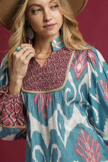 Umgee Ikat Print Boho Top in Slate Blue