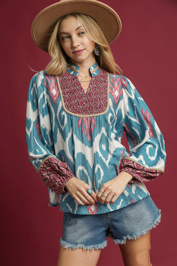 Umgee Ikat Print Boho Top in Slate Blue
