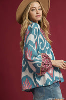 Umgee Ikat Print Boho Top in Slate Blue