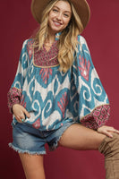 Umgee Ikat Print Boho Top in Slate Blue