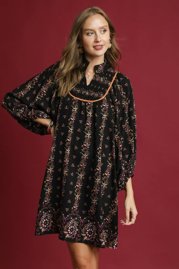Umgee Boho Floral Print Mini Dress in Black