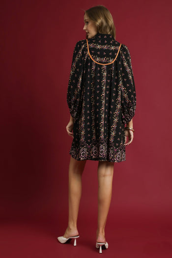 Umgee Boho Floral Print Mini Dress in Black