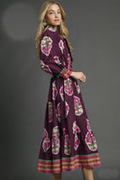 Umgee Boho Floral Mixed Print Midi Dress in Plum Mix