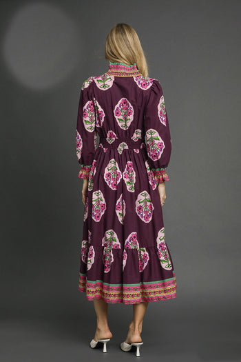 Umgee Boho Floral Mixed Print Midi Dress in Plum Mix