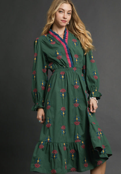 Umgee Boho Floral Embroidered Midi Dress in Hunter Green S at June Adel