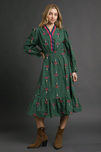 Umgee Boho Floral Embroidered Midi Dress in Hunter Green L Umgee Boho Floral Embroidered Midi Dress in Hunter Green L