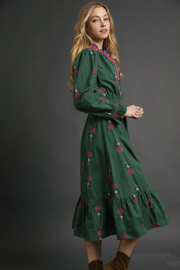 Umgee Boho Floral Embroidered Midi Dress in Hunter Green