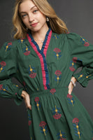 Umgee Boho Floral Embroidered Midi Dress in Hunter Green