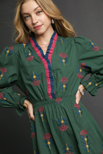Umgee Boho Floral Embroidered Midi Dress in Hunter Green