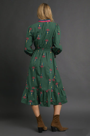 Umgee Boho Floral Embroidered Midi Dress in Hunter Green