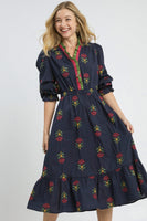 Umgee Boho Floral Embroidered Midi Dress in Navy