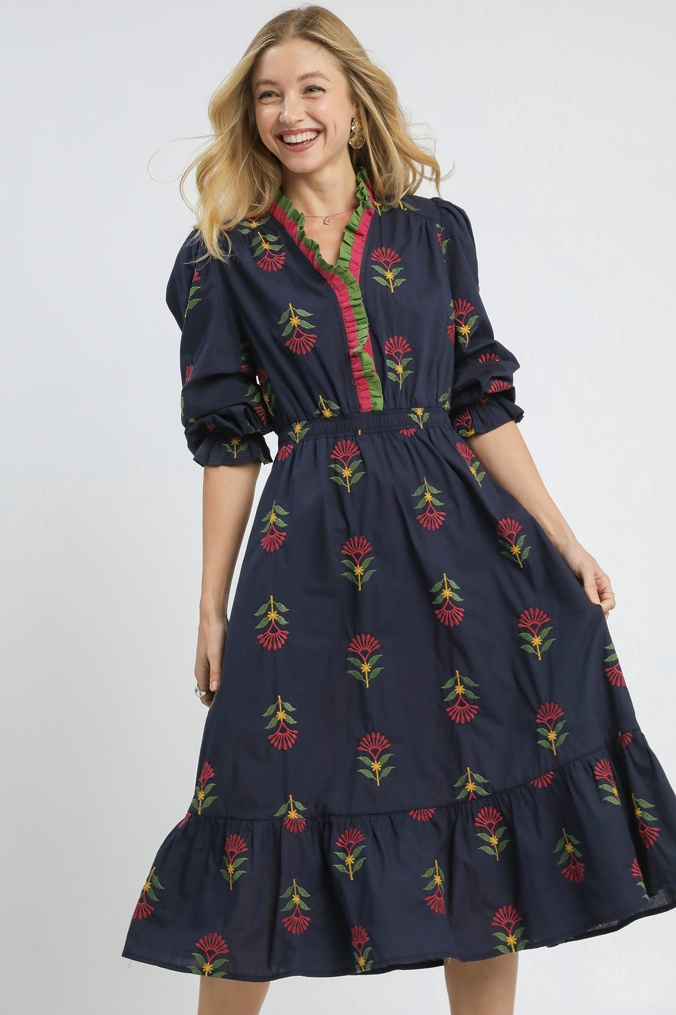 sachin and babi light blue dress Umgee USA Black Swiss Dot Jacquard Midi Dress Size 2XL Bubble Sleeve