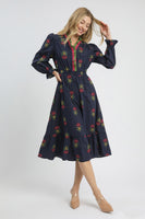 Umgee Boho Floral Embroidered Midi Dress in Navy