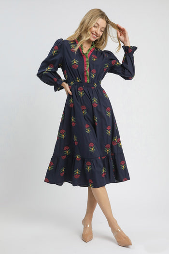 Umgee Boho Floral Embroidered Midi Dress in Navy