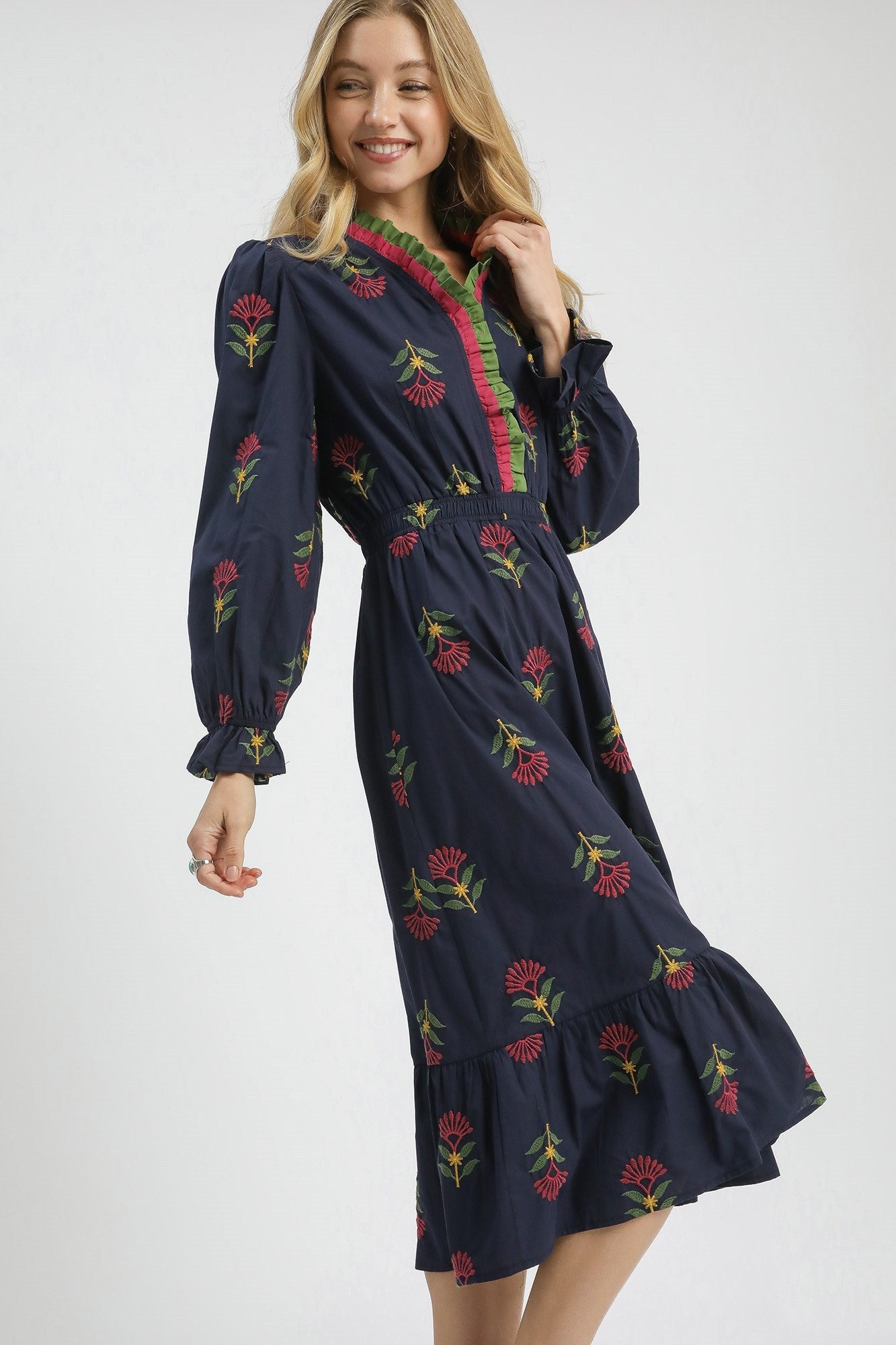 Umgee Boho Floral Embroidered Midi Dress in Navy – June Adel