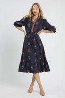 Umgee Boho Floral Embroidered Midi Dress in Navy