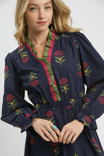 Umgee Boho Floral Embroidered Midi Dress in Navy