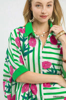 Umgee Mixed Stripe Floral Button Down Top in Green Mix