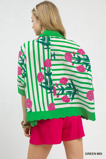 Umgee Mixed Stripe Floral Button Down Top in Green Mix