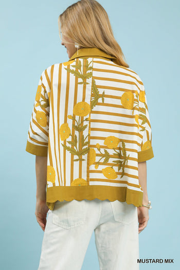 Umgee Mixed Stripe Floral Button Down Top in Mustard Mix