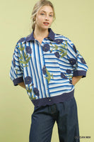 Umgee Mixed Stripe Floral Button Down Top in Ocean Mix