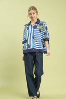 Umgee Mixed Stripe Floral Button Down Top in Ocean Mix
