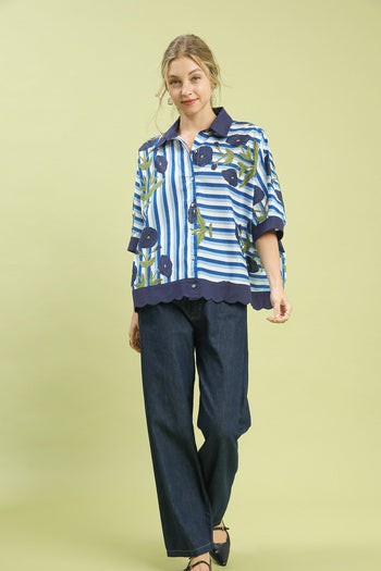Umgee Mixed Stripe Floral Button Down Top in Ocean Mix