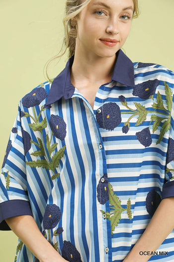 Umgee Mixed Stripe Floral Button Down Top in Ocean Mix