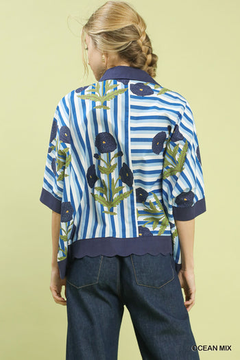 Umgee Mixed Stripe Floral Button Down Top in Ocean Mix