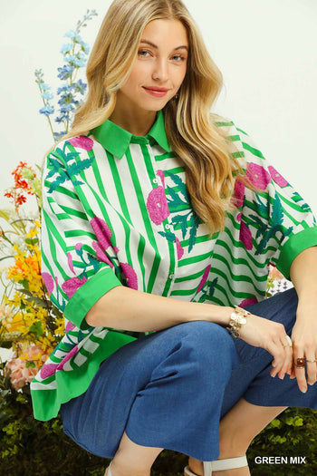 Umgee Mixed Stripe Floral Button Down Top in Green Mix