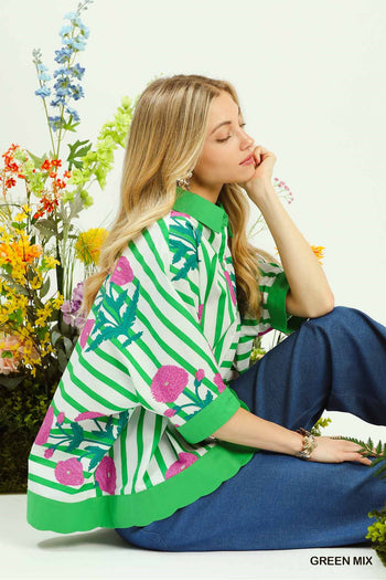 Umgee Mixed Stripe Floral Button Down Top in Green Mix