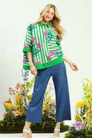 Umgee Mixed Stripe Floral Button Down Top in Green Mix
