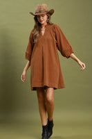 Umgee Corduroy V-Neck Puff Sleeve Shift Dress with Pockets in Camel