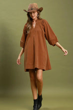 Load image into Gallery viewer, Umgee Corduroy V-Neck Puff Sleeve Shift Dress with Pockets in Camel
