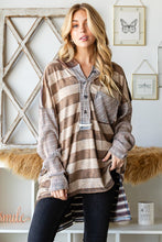 Load image into Gallery viewer, Oli &amp; Hali Mineral Washed Striped Tee with Hood in Dusty Grey Shirts &amp; Tops Oli &amp; Hali   
